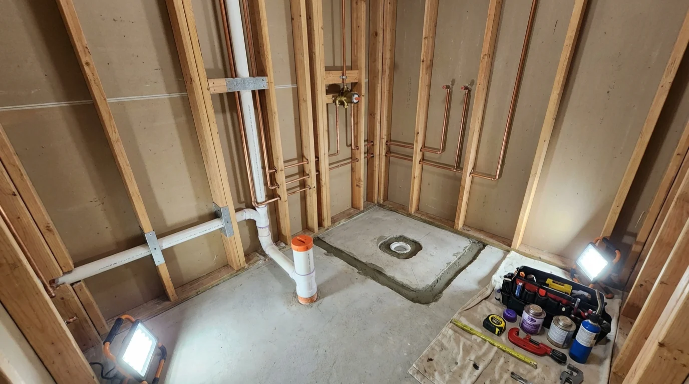 Bathroom rough-in plumbing during remodel by Johns Plumbing LLC in Osterville
