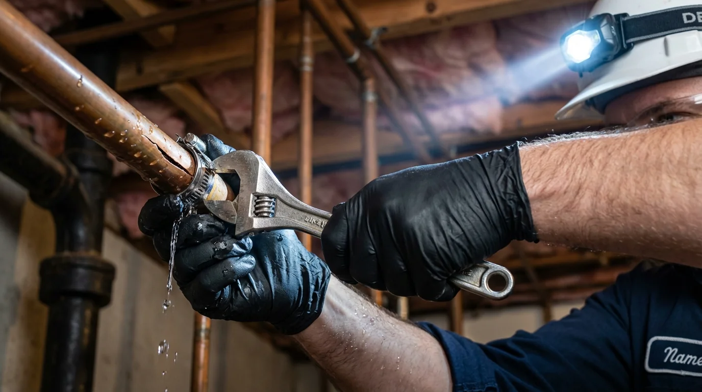 Emergency pipe clamp repair being performed by a Johns Plumbing LLC plumber in Osterville
