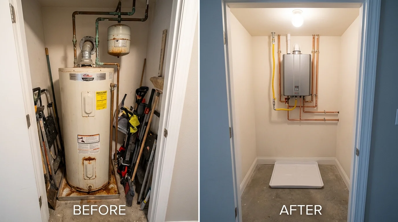 Tank water heater versus wall-mounted tankless unit comparison for Osterville, MA homeowners