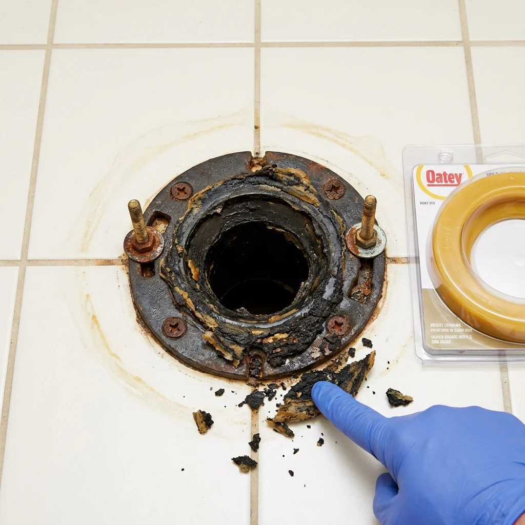 Failed wax ring showing water seepage at the base of a toilet in a Osterville, MA home