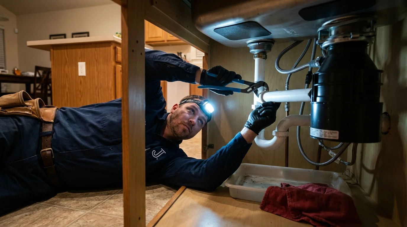 P-trap and supply line connections under a kitchen sink showing a common leak point in Osterville, MA